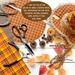 This image shows the materials I use to make the fall witch hat. It includes fall leaves, flannel fabric, and burlap. 